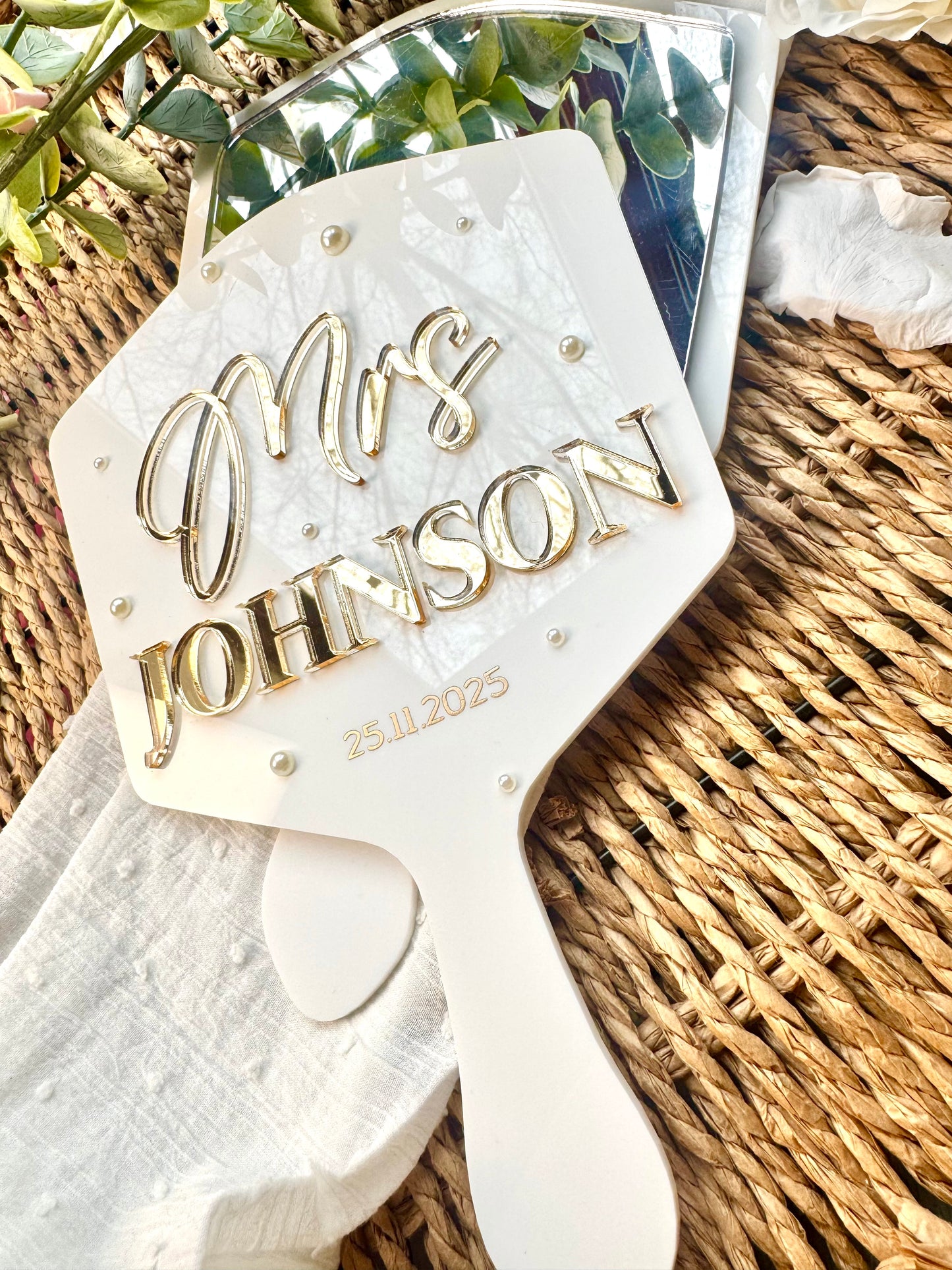 Personalised Bridal Mirror handheld with pearls