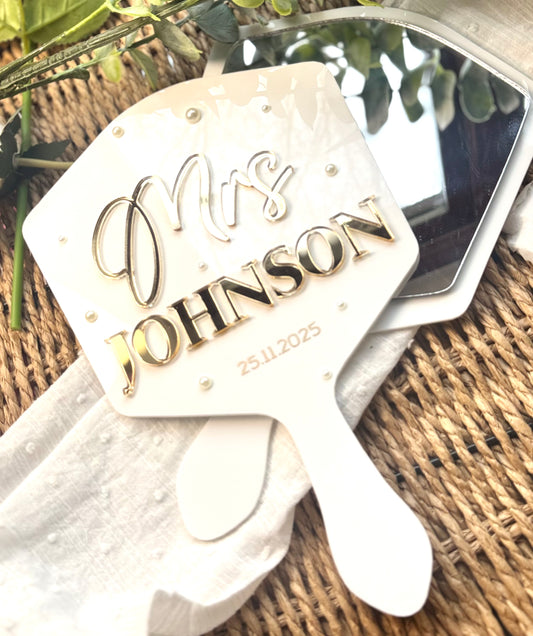 Personalised Bridal Mirror handheld with pearls