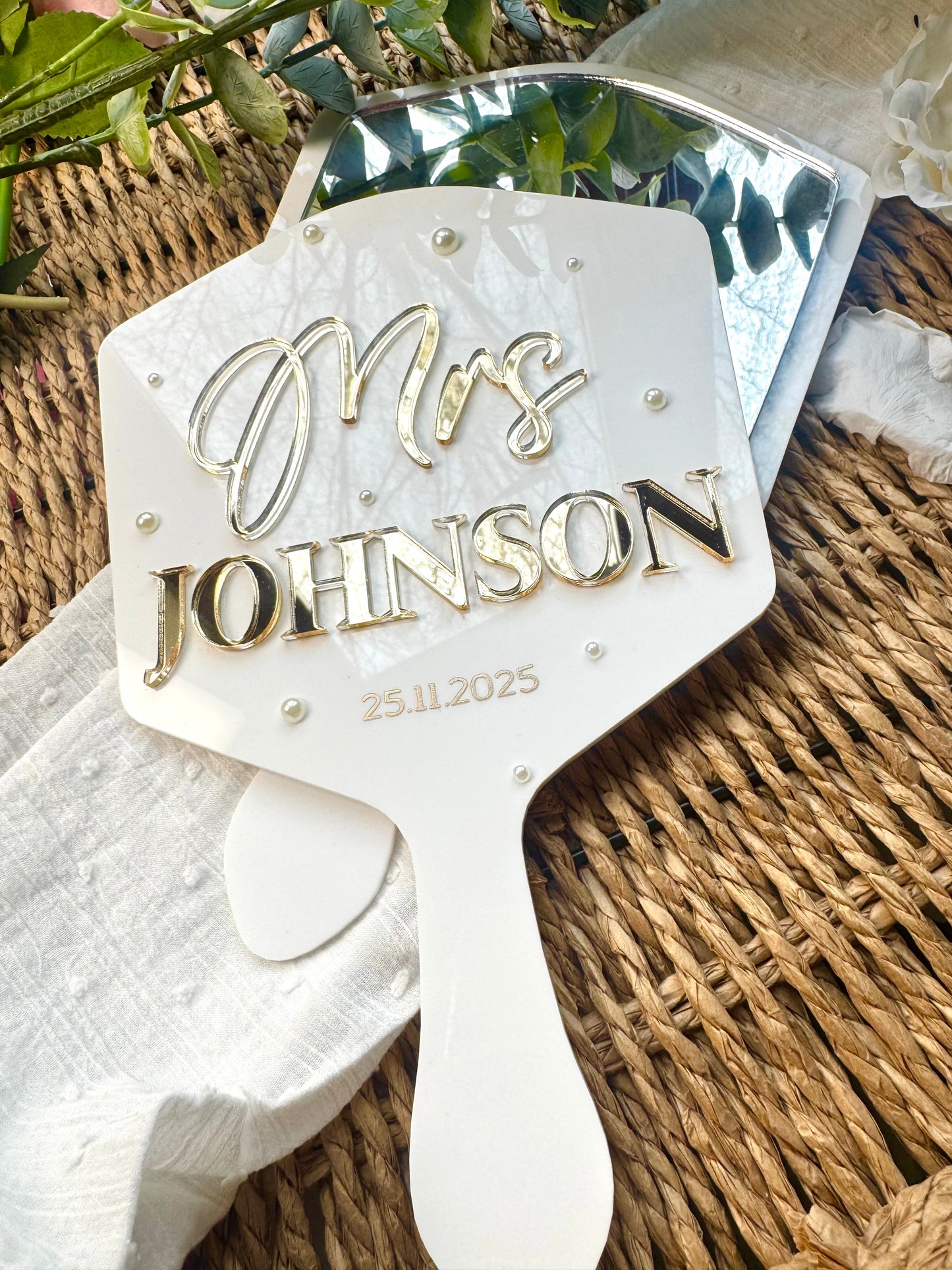 Personalised Bridal Mirror handheld with pearls