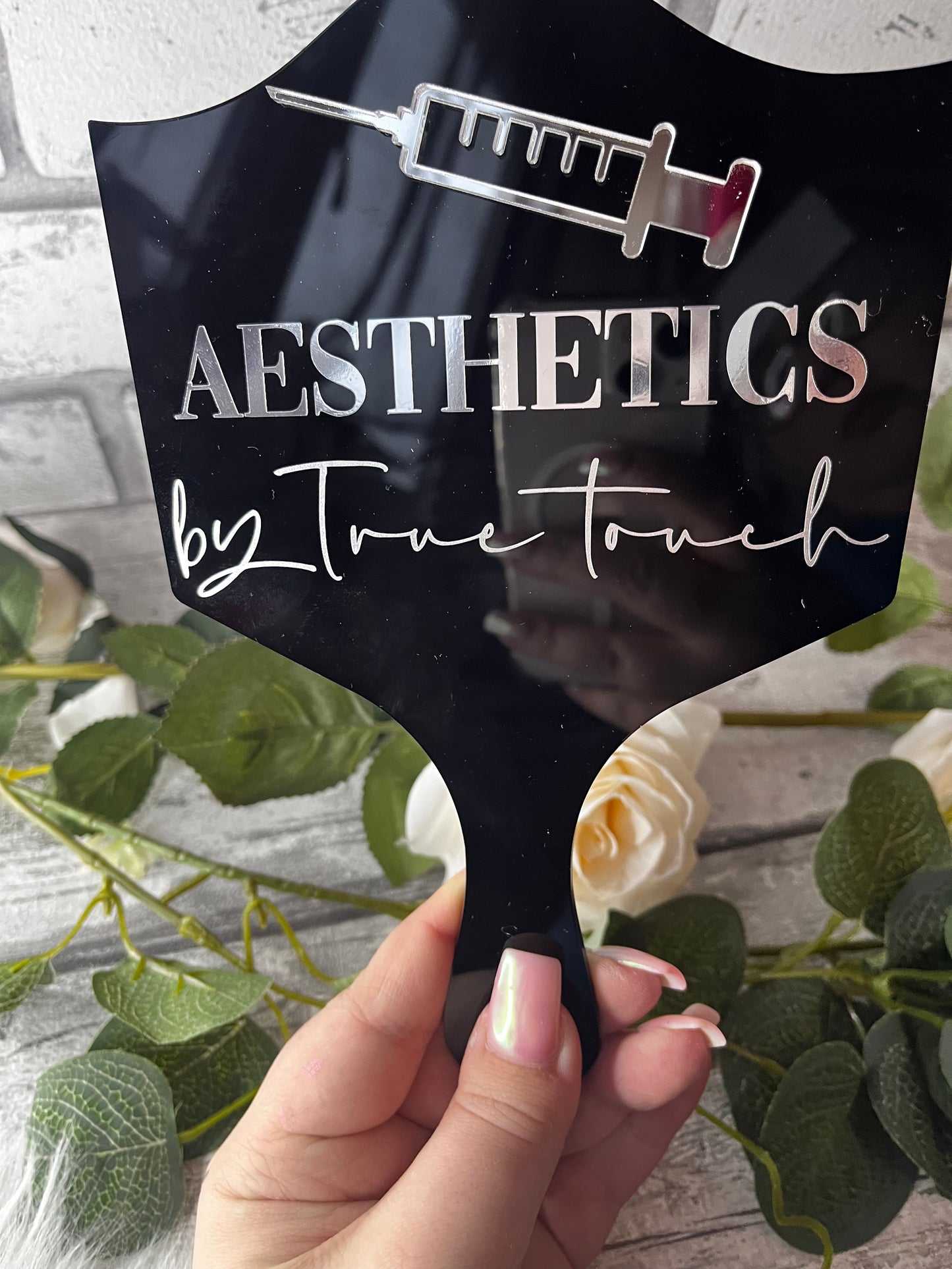 Personalised aesthetics handheld mirror prop for photo taking and social media. bottox, filler