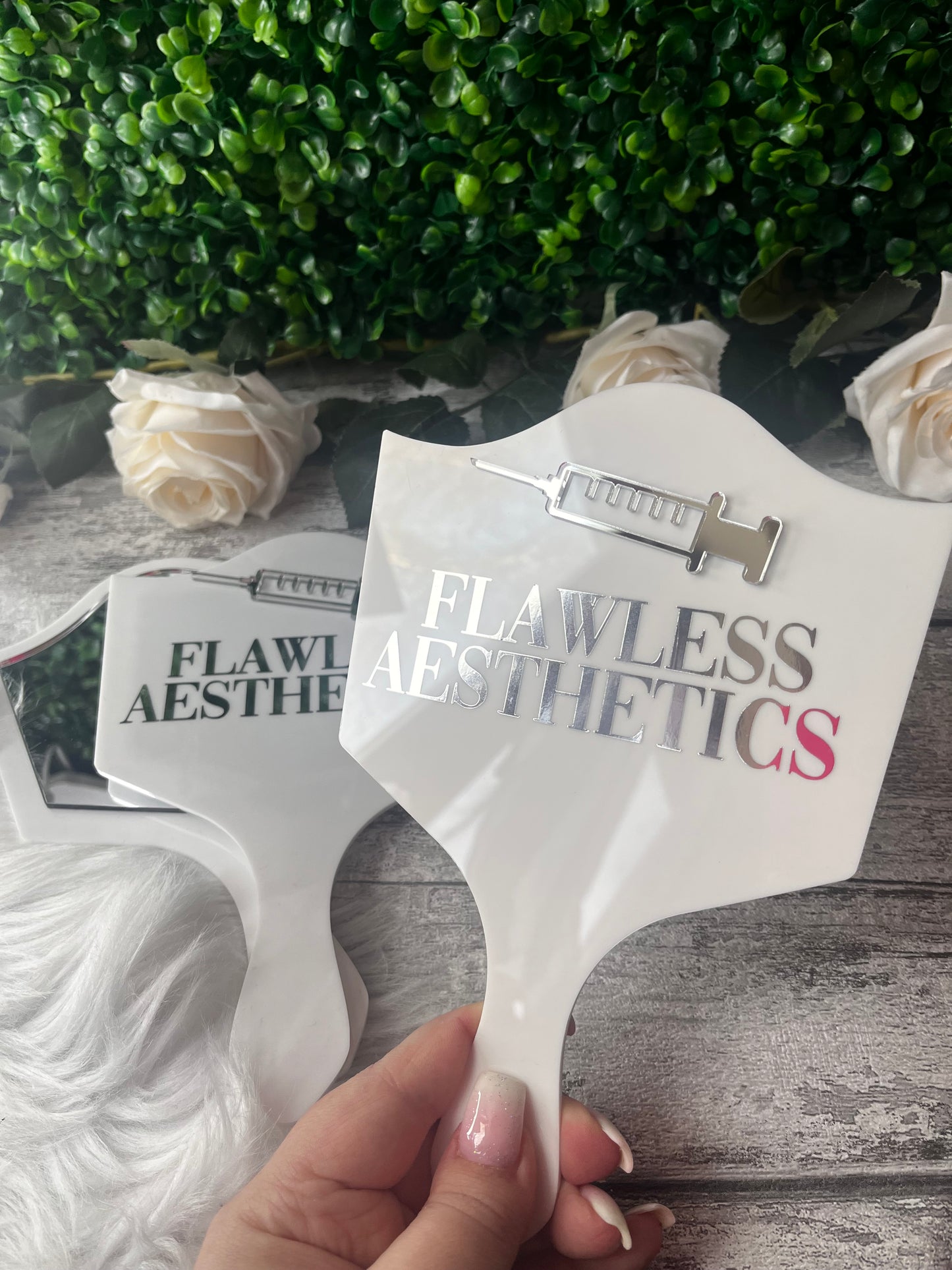Personalised aesthetics handheld mirror prop for photo taking and social media. bottox, filler
