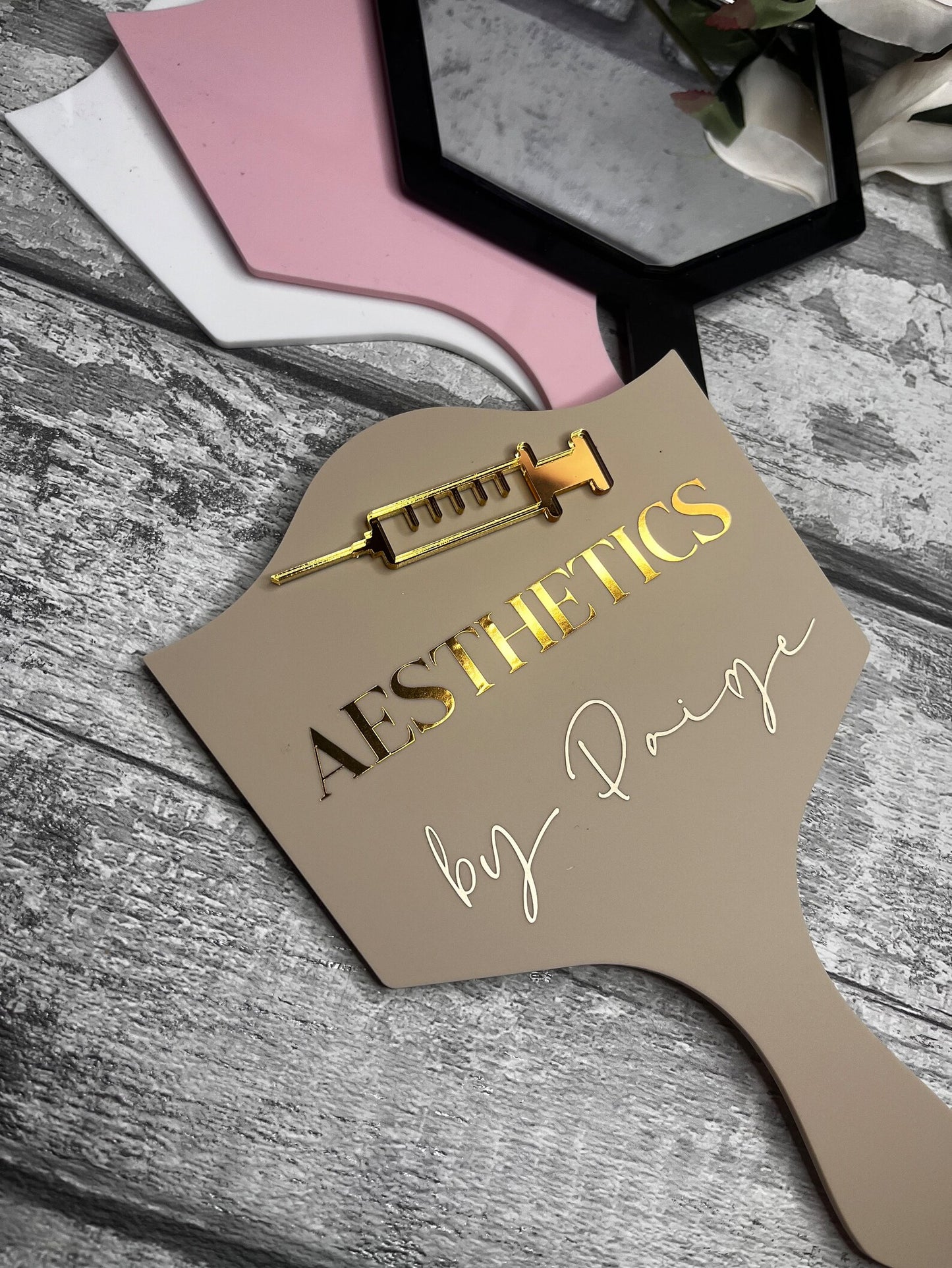 Personalised aesthetics handheld mirror prop for photo taking and social media. bottox, filler